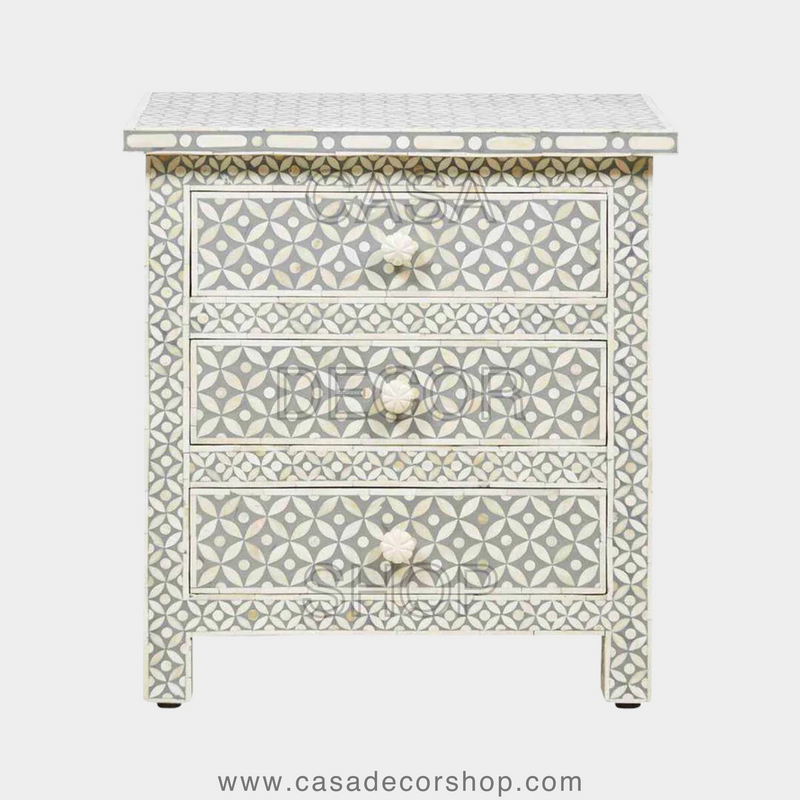 Bone Inlay 3-Drawer Bedside in Geometric Pattern