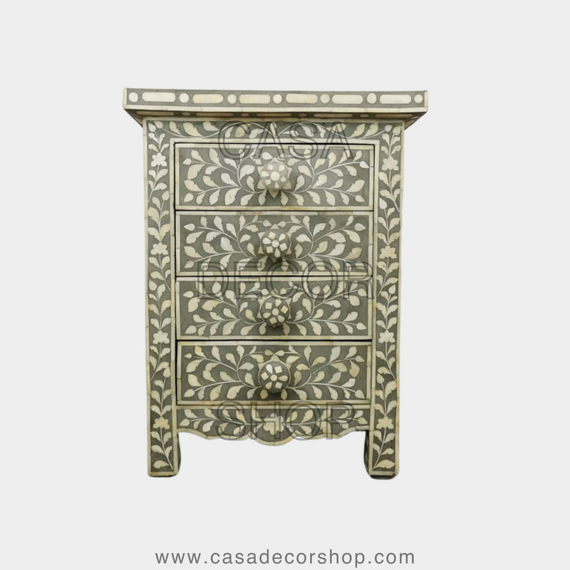 Bone Inlay Modern Floral Pattern Bedside Table