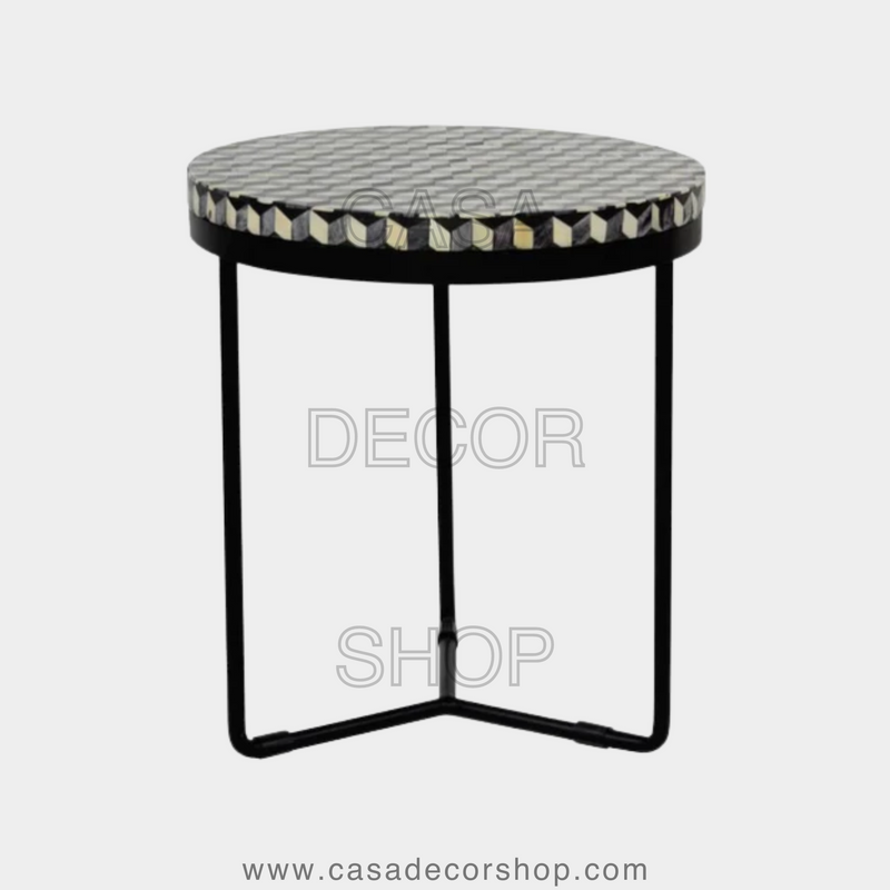 Brass Hatch Bone Inlay Round Side Table