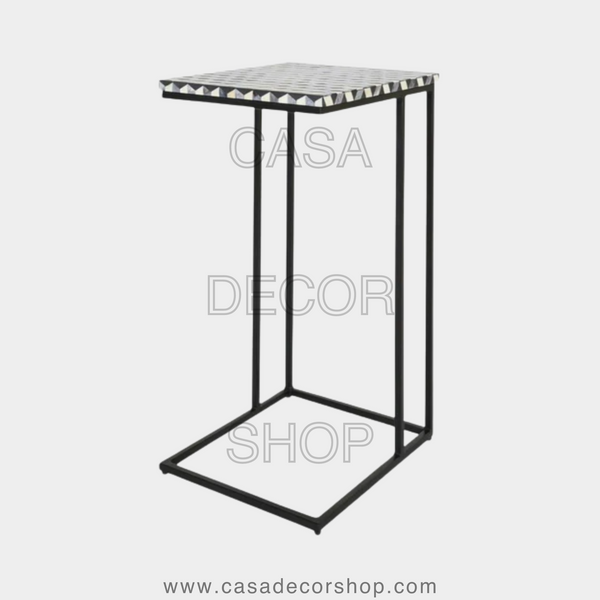 C Shape Brass Hatch Bone Inlay Round Side Table