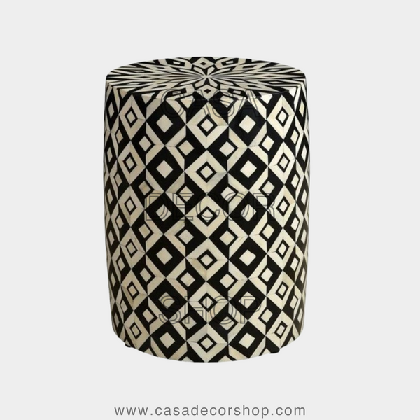 Geometric Bone Inlay Drum Side Table