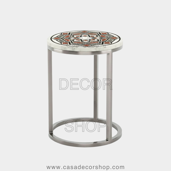 Moorish Star Geometric Marble Inlay Side Table