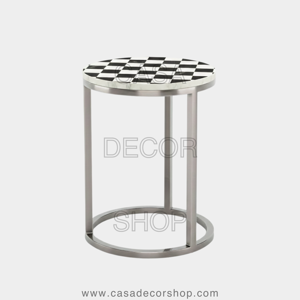 Classic Checkerboard Marble Inlay Side Table