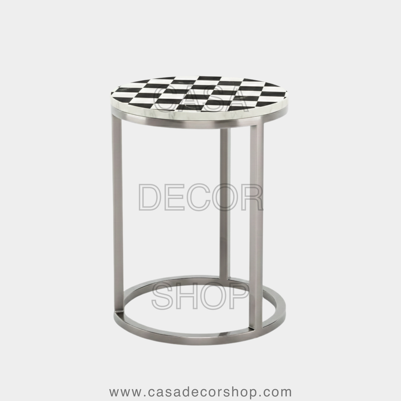 Classic Checkerboard Marble Inlay Side Table