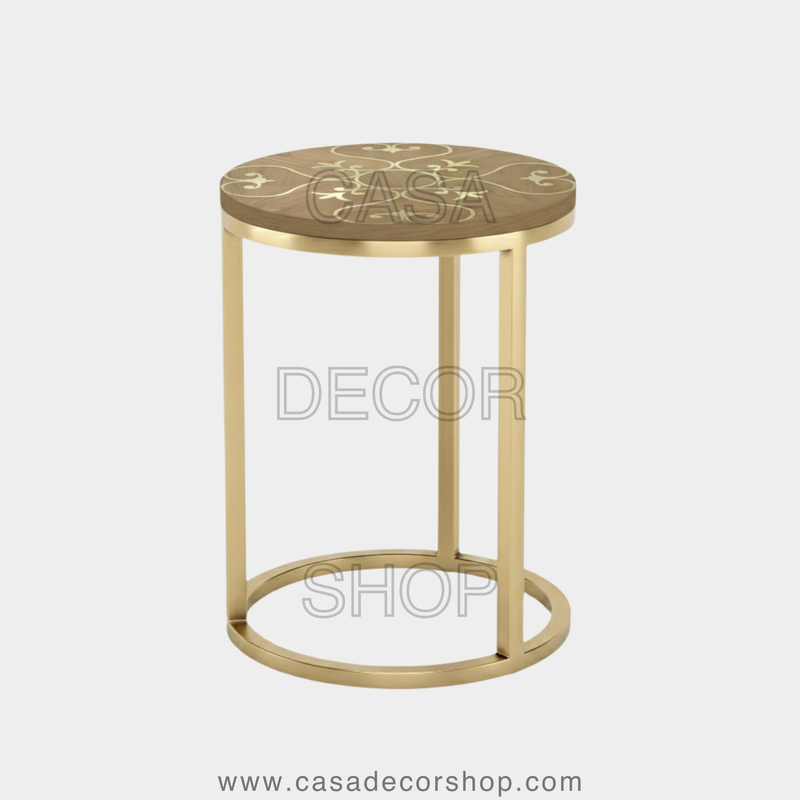 Eternal Blossom Brass Inlay Wooden Side Table