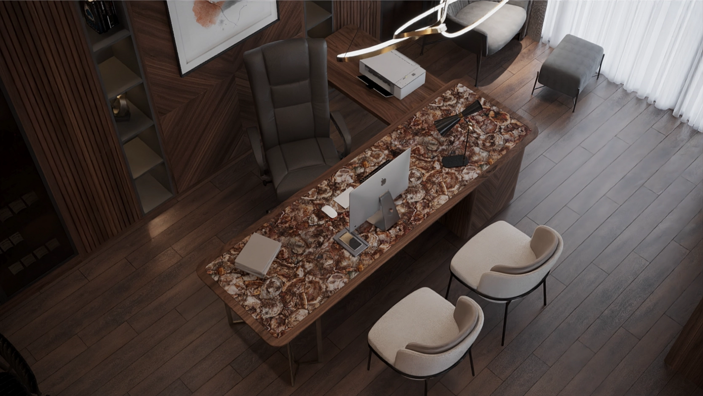 Modern office table setup with a patterned desk, chairs, and a TV on a wooden floor.